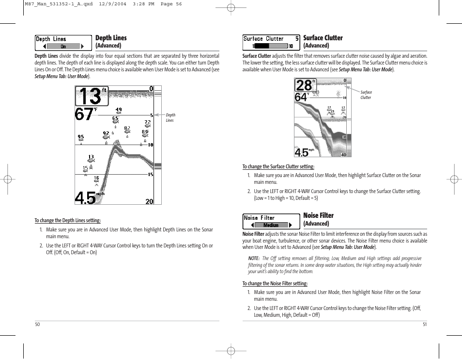 Surface clutter, Noise filter, Depth lines | Humminbird Matrix Series Sonar Fishfinder Model Matrix 87 User Manual | Page 29 / 45