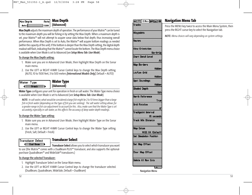 Navigation menu tab, Max depth, Water type | Transducer select | Humminbird Matrix Series Sonar Fishfinder Model Matrix 87 User Manual | Page 30 / 45