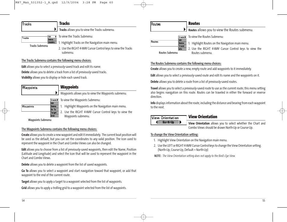 Routes, View orientation, Tracks | Waypoints | Humminbird Matrix Series Sonar Fishfinder Model Matrix 87 User Manual | Page 31 / 45