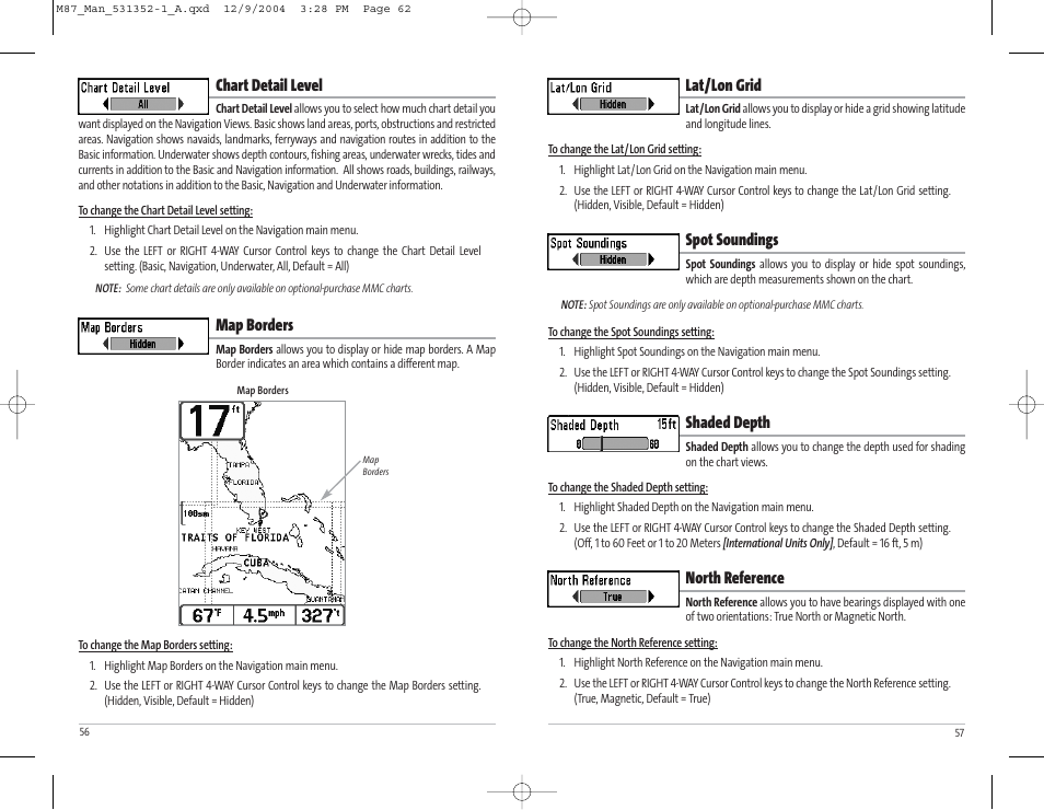 Lat/lon grid, Spot soundings, Shaded depth | North reference, Chart detail level, Map borders | Humminbird Matrix Series Sonar Fishfinder Model Matrix 87 User Manual | Page 32 / 45