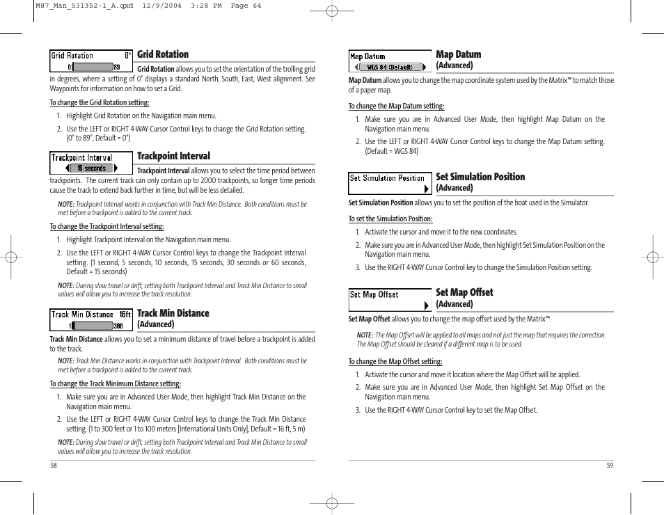 Map datum, Set simulation position, Set map offset | Grid rotation, Trackpoint interval, Track min distance | Humminbird Matrix Series Sonar Fishfinder Model Matrix 87 User Manual | Page 33 / 45