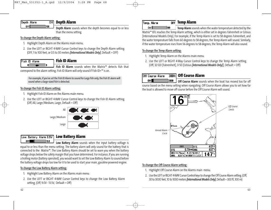 Temp alarm, Off course alarm, Depth alarm | Fish id alarm, Low battery alarm | Humminbird Matrix Series Sonar Fishfinder Model Matrix 87 User Manual | Page 35 / 45