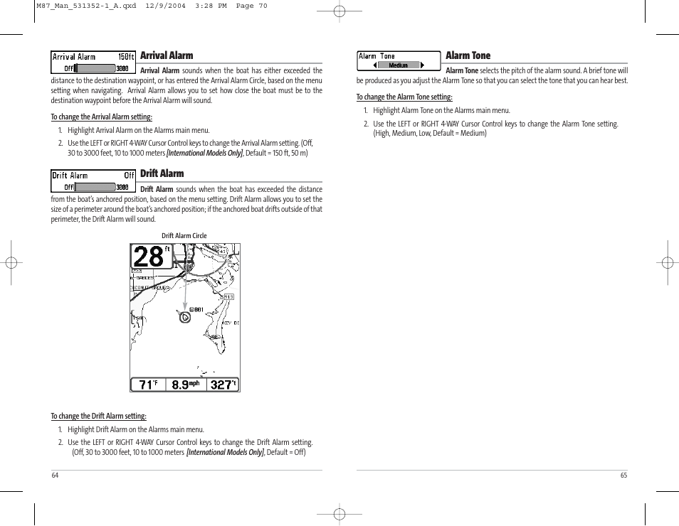 Alarm tone, Arrival alarm, Drift alarm | Humminbird Matrix Series Sonar Fishfinder Model Matrix 87 User Manual | Page 36 / 45