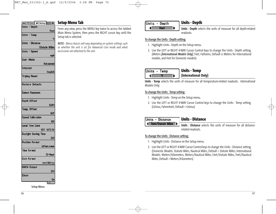 Units - depth, Units - temp, Units - distance | Setup menu tab | Humminbird Matrix Series Sonar Fishfinder Model Matrix 87 User Manual | Page 37 / 45