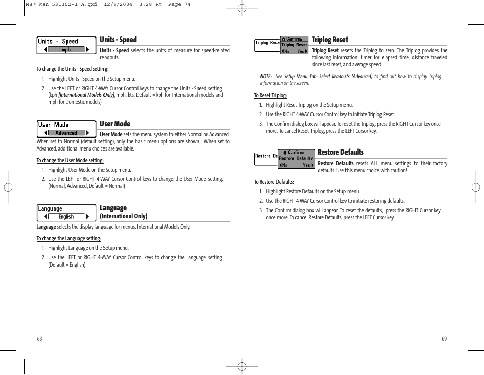 Triplog reset, Restore defaults, Units - speed | User mode, Language | Humminbird Matrix Series Sonar Fishfinder Model Matrix 87 User Manual | Page 38 / 45