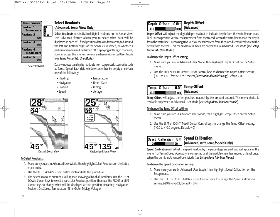 Depth offset, Temp offset, Speed calibration | Select readouts | Humminbird Matrix Series Sonar Fishfinder Model Matrix 87 User Manual | Page 39 / 45