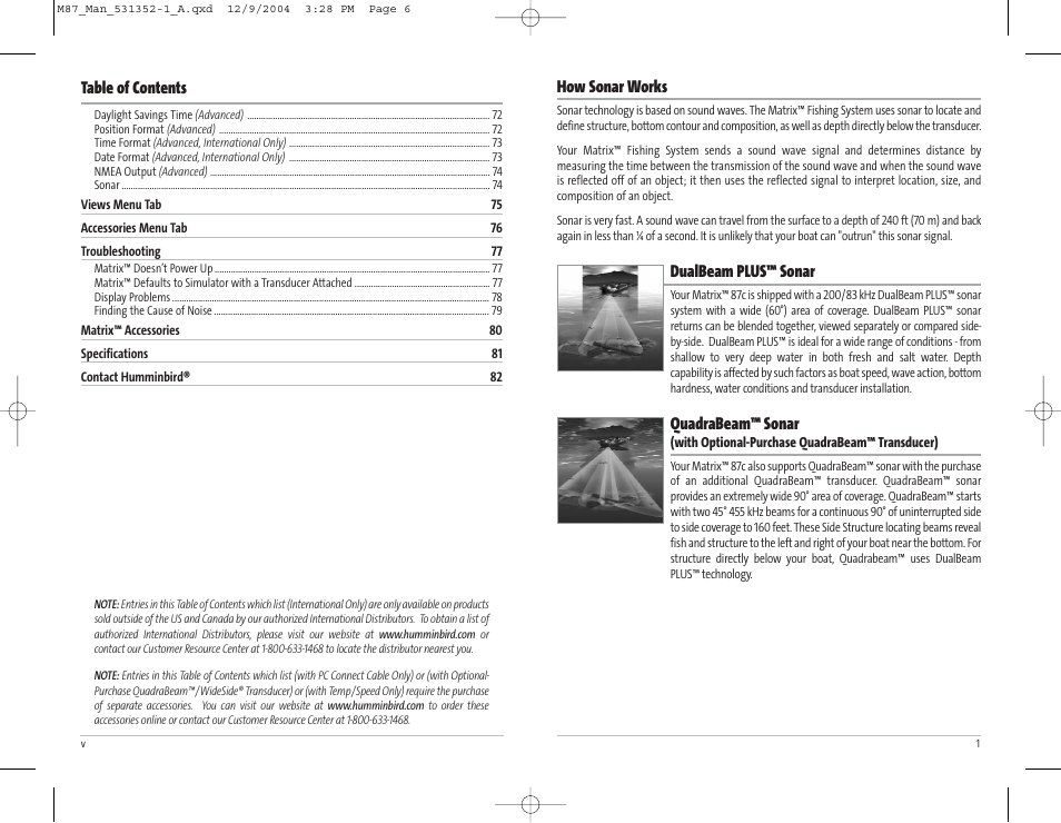 Humminbird Matrix Series Sonar Fishfinder Model Matrix 87 User Manual | Page 4 / 45