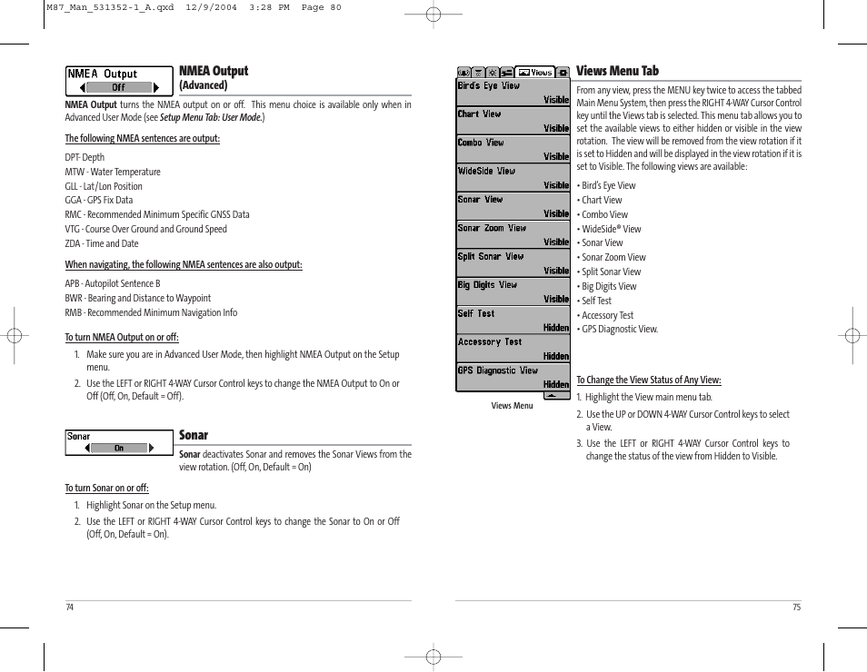 Views menu tab, Nmea output, Sonar | Humminbird Matrix Series Sonar Fishfinder Model Matrix 87 User Manual | Page 41 / 45