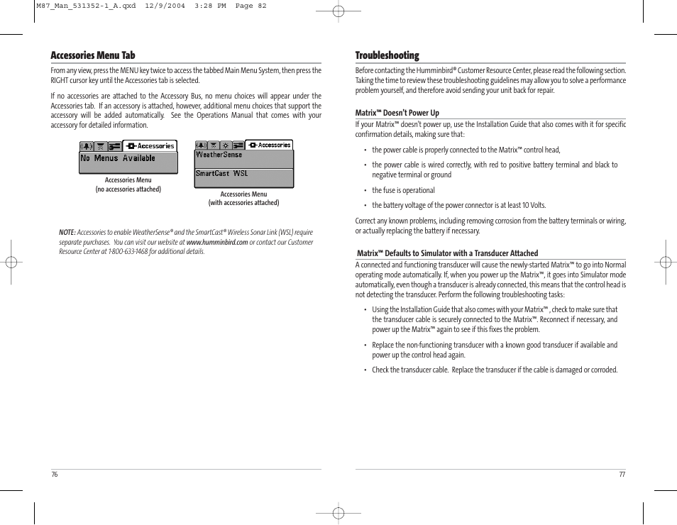 Troubleshooting, Accessories menu tab | Humminbird Matrix Series Sonar Fishfinder Model Matrix 87 User Manual | Page 42 / 45