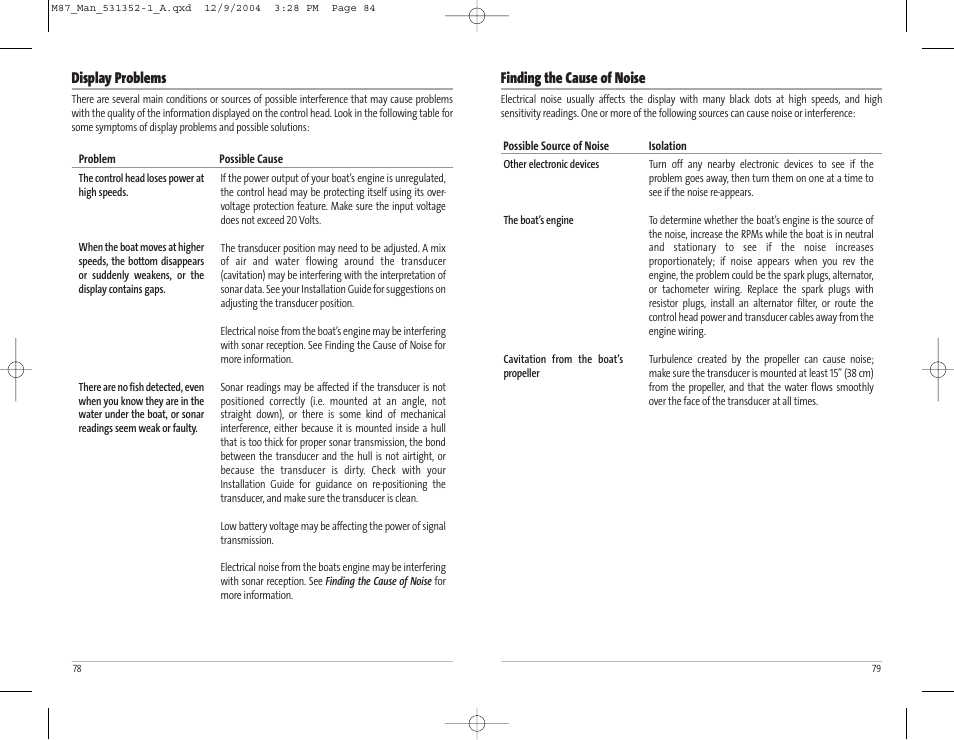 Finding the cause of noise, Display problems | Humminbird Matrix Series Sonar Fishfinder Model Matrix 87 User Manual | Page 43 / 45