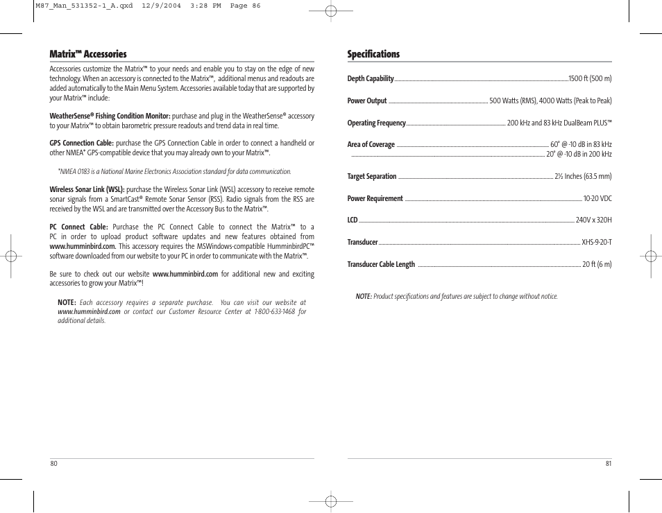 Matrix™ accessories, Specifications | Humminbird Matrix Series Sonar Fishfinder Model Matrix 87 User Manual | Page 44 / 45