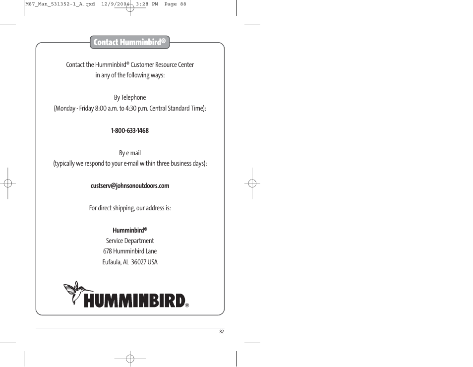 Contact humminbird | Humminbird Matrix Series Sonar Fishfinder Model Matrix 87 User Manual | Page 45 / 45