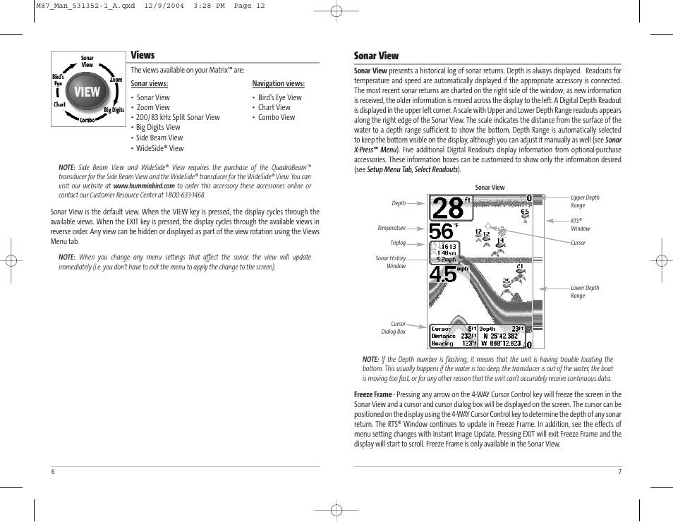 Views, Sonar view | Humminbird Matrix Series Sonar Fishfinder Model Matrix 87 User Manual | Page 7 / 45