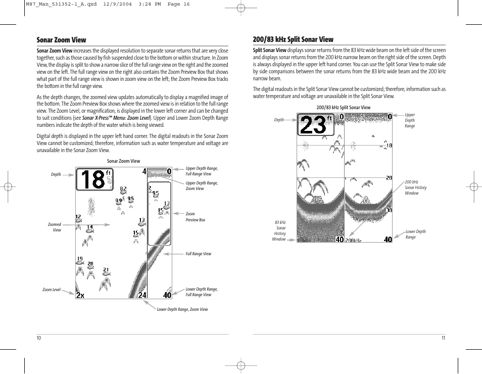 Sonar zoom view | Humminbird Matrix Series Sonar Fishfinder Model Matrix 87 User Manual | Page 9 / 45