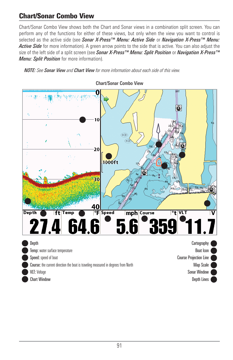 Chart/sonar combo view | Humminbird 1157C User Manual | Page 101 / 200