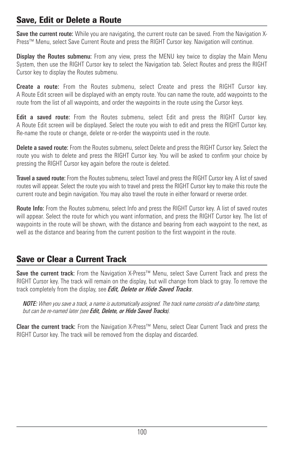 Save, edit or delete a route, Save or clear a current track | Humminbird 1157C User Manual | Page 110 / 200