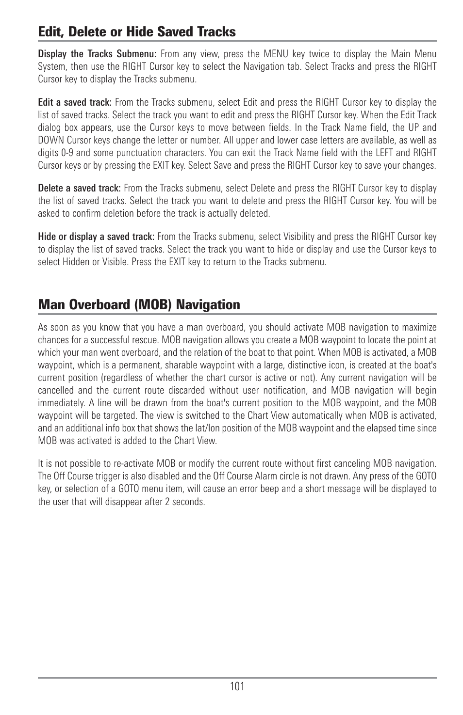 Edit, delete or hide saved tracks, Man overboard (mob) navigation | Humminbird 1157C User Manual | Page 111 / 200