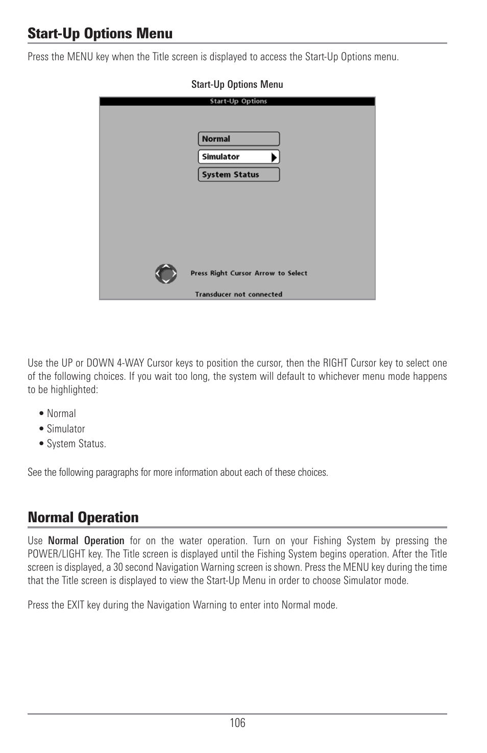 Start-up options menu, Normal operation | Humminbird 1157C User Manual | Page 116 / 200