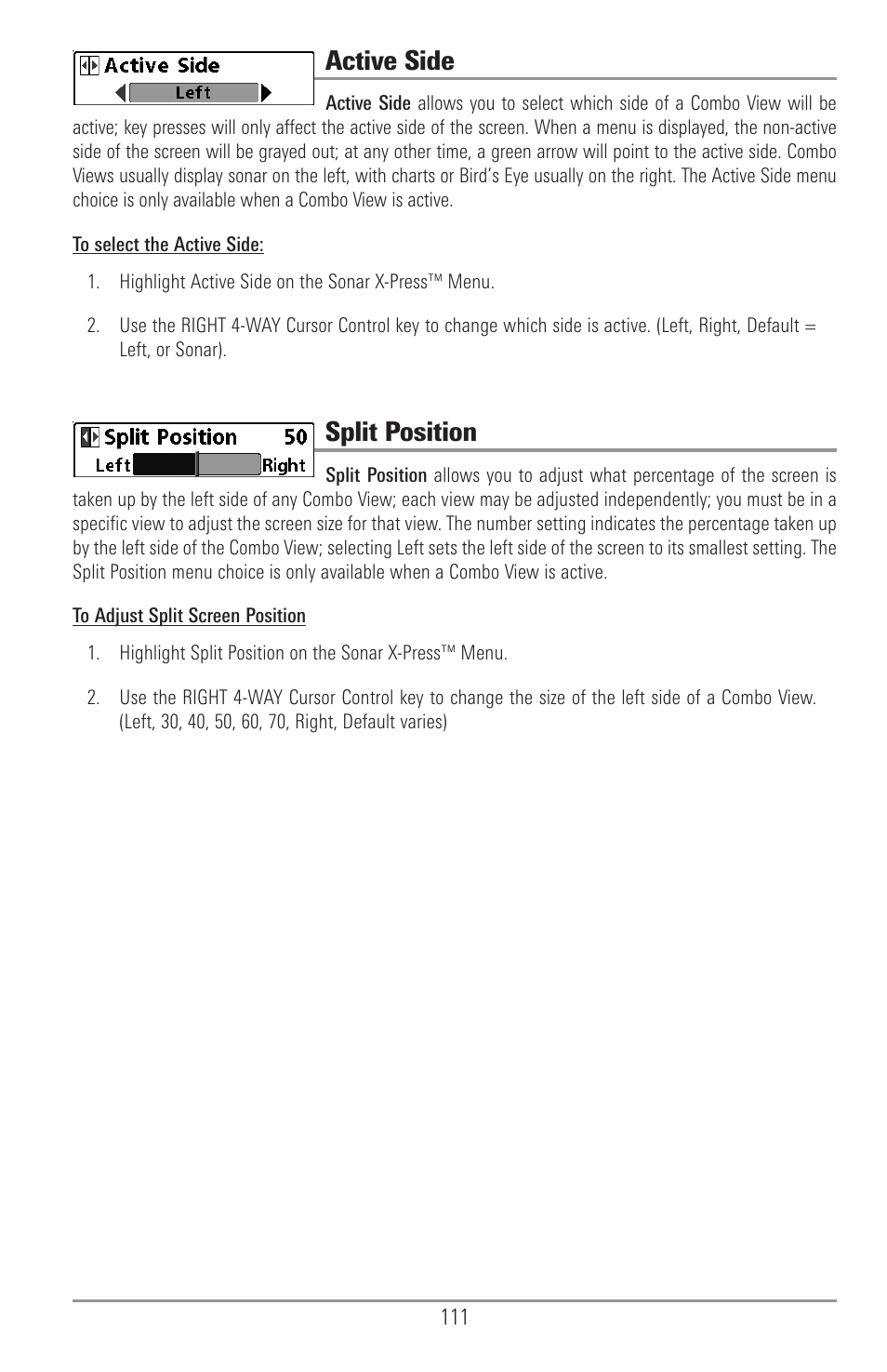 Active side, Split position | Humminbird 1157C User Manual | Page 121 / 200