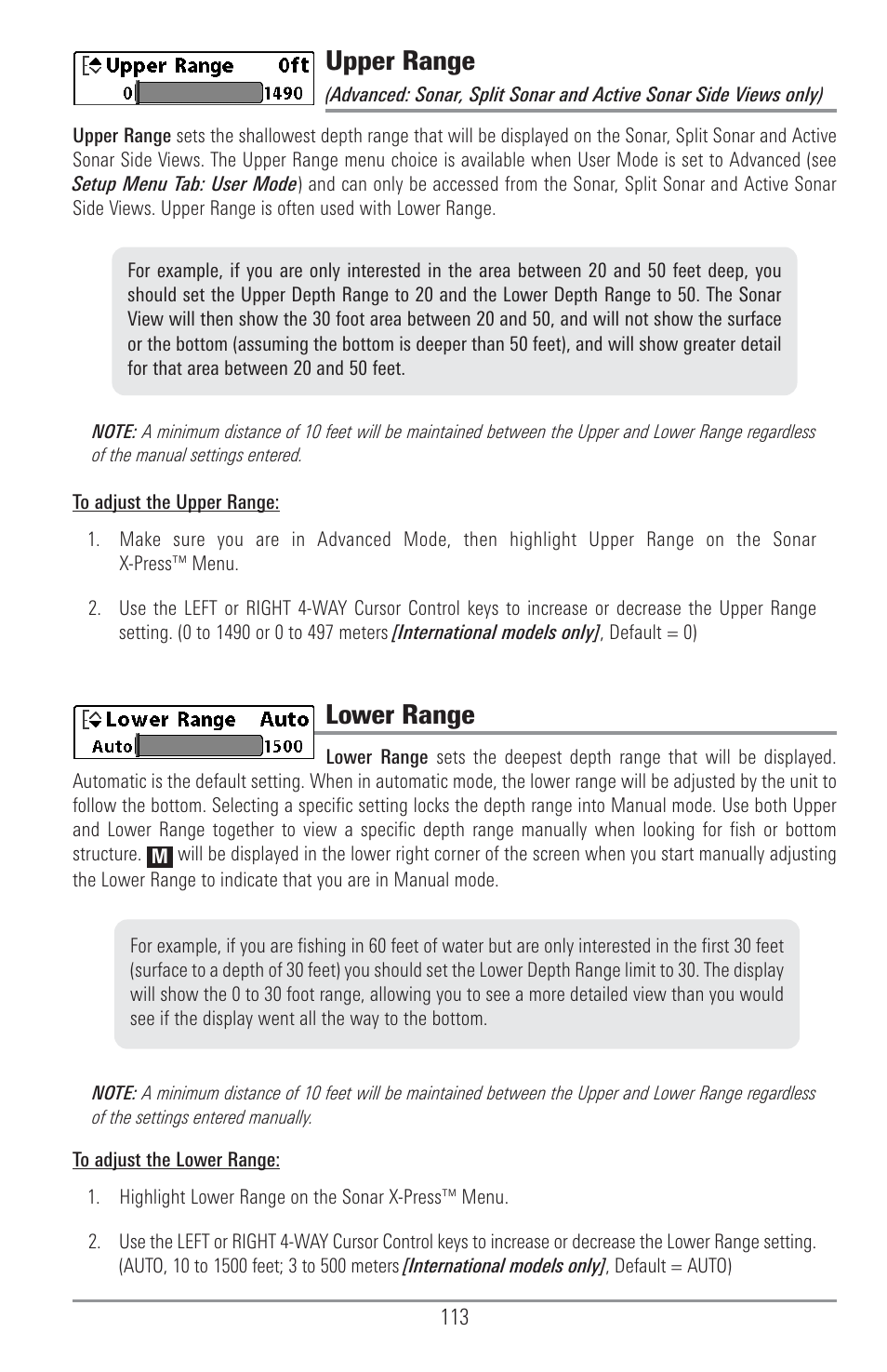 Upper range, Lower range | Humminbird 1157C User Manual | Page 123 / 200