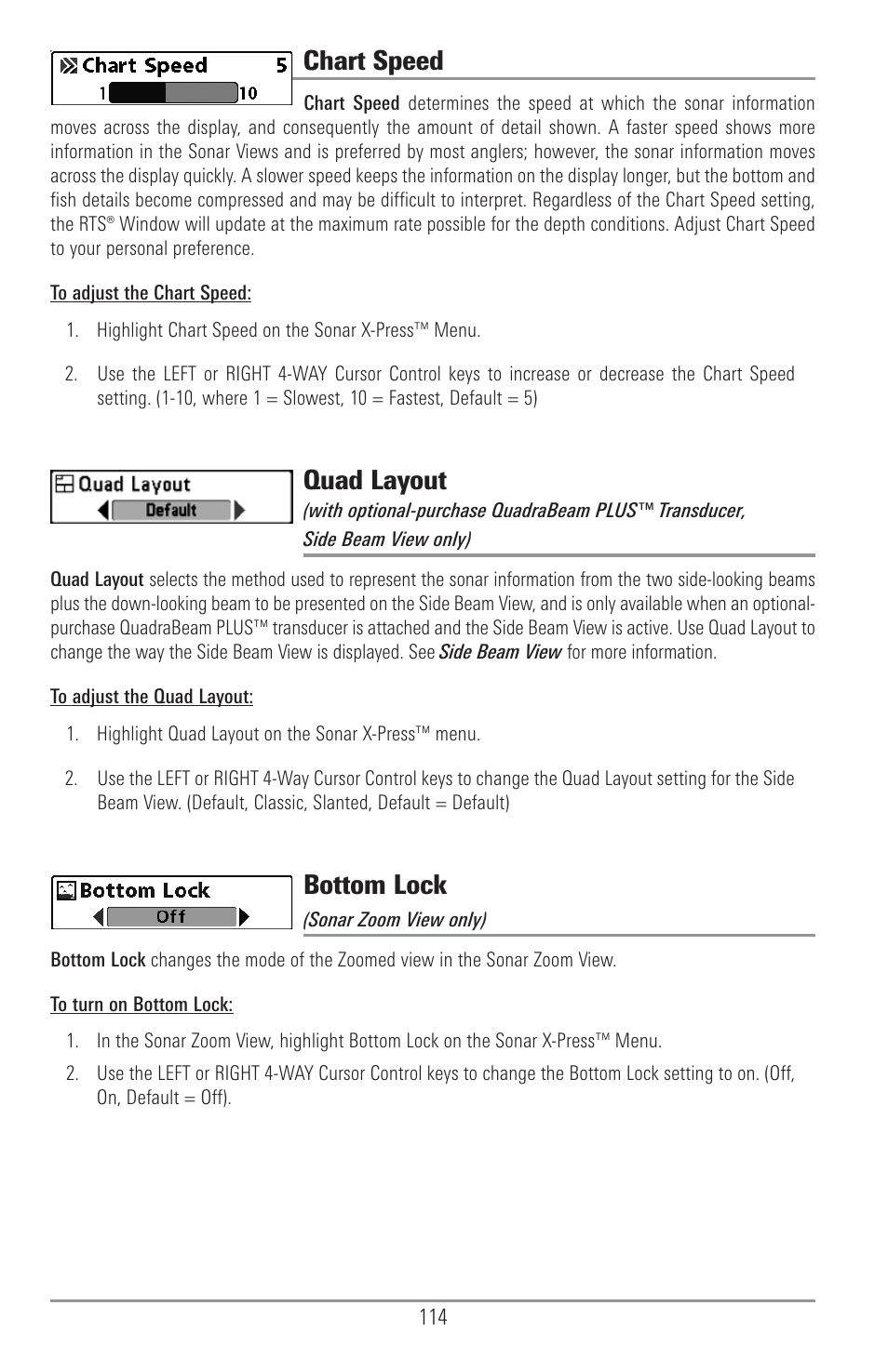 Chart speed, Quad layout, Bottom lock | Humminbird 1157C User Manual | Page 124 / 200