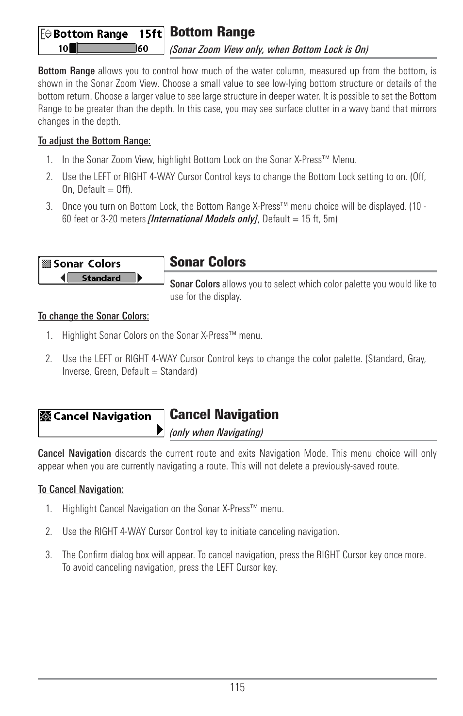 Bottom range, Sonar colors, Cancel navigation | Humminbird 1157C User Manual | Page 125 / 200