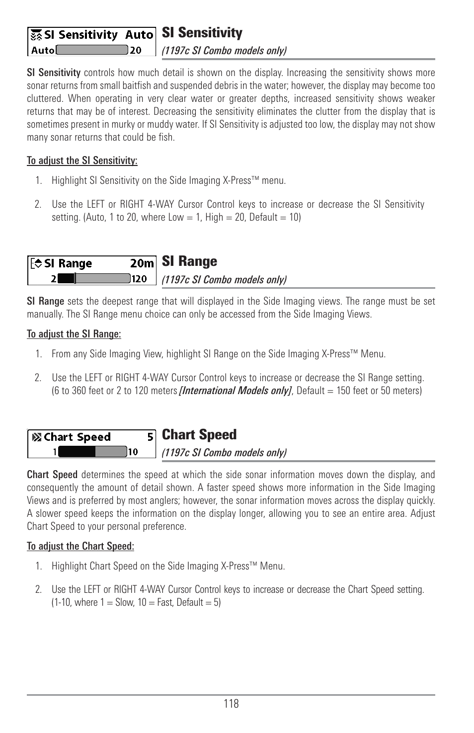 Si sensitivity, Si range, Chart speed | Humminbird 1157C User Manual | Page 128 / 200