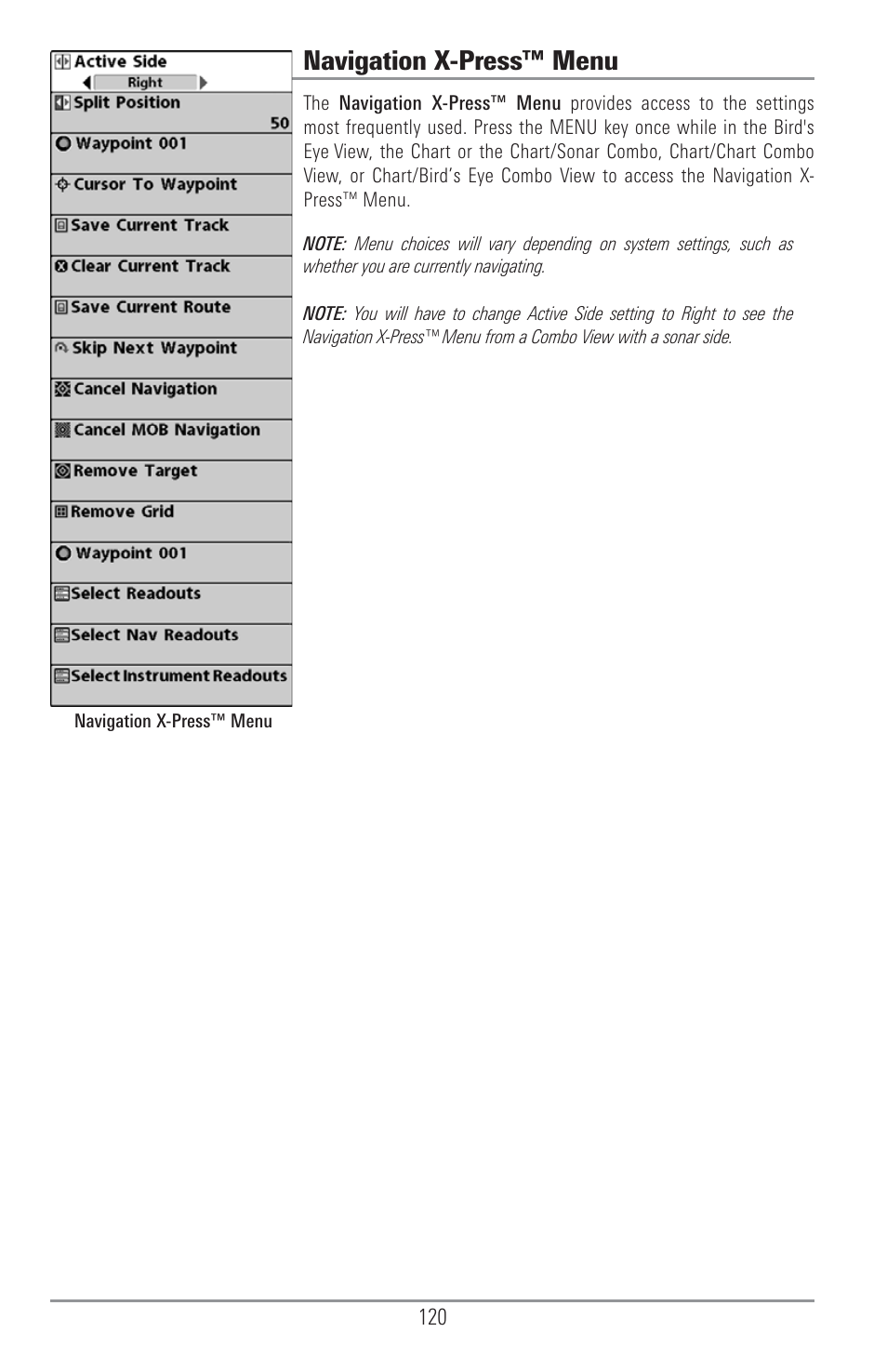 Navigation x-press™ menu | Humminbird 1157C User Manual | Page 130 / 200