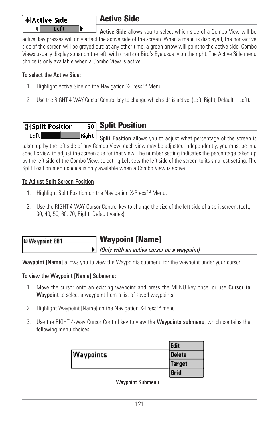 Active side, Split position, Waypoint [name | Humminbird 1157C User Manual | Page 131 / 200