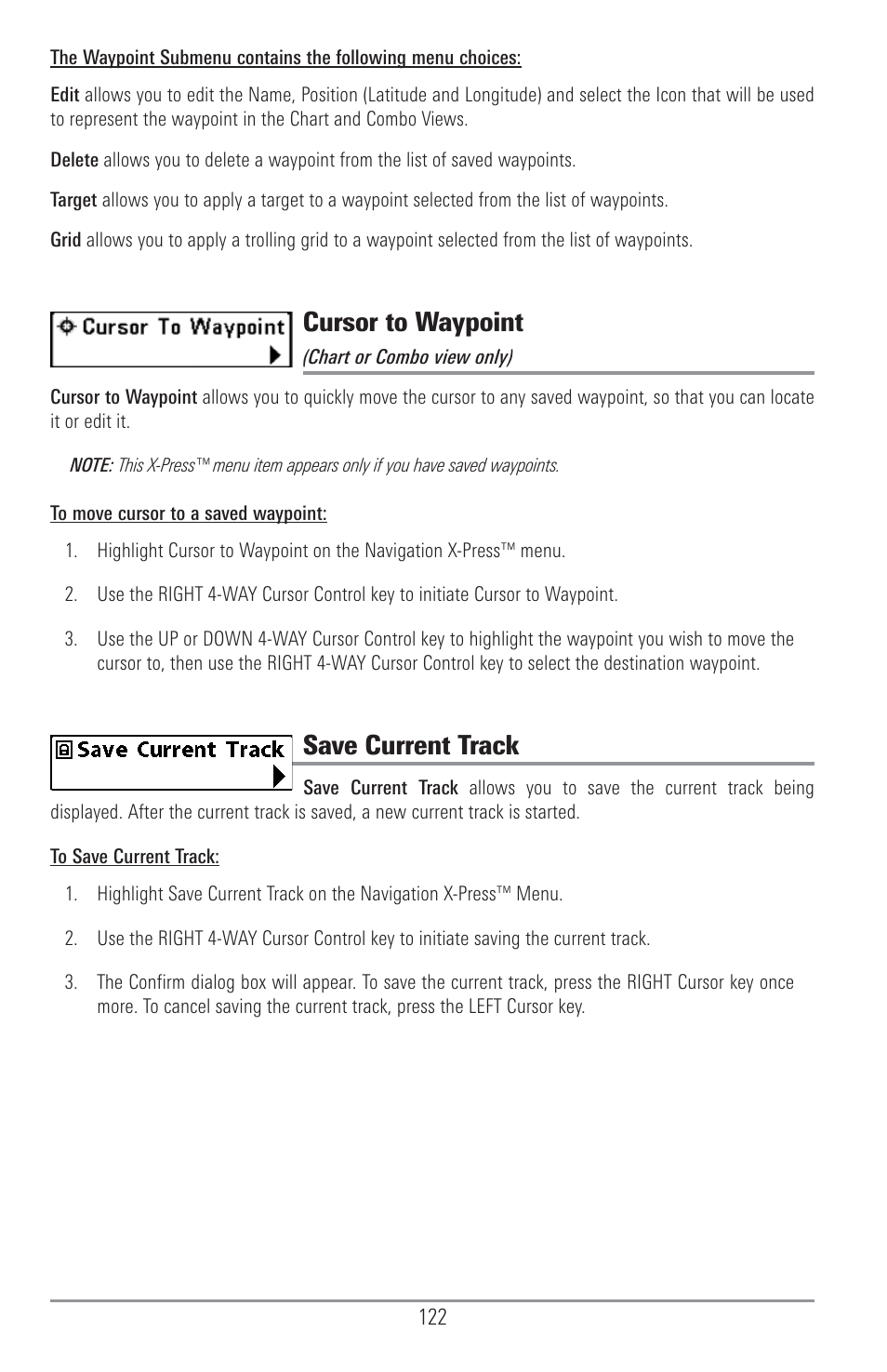 Cursor to waypoint, Save current track | Humminbird 1157C User Manual | Page 132 / 200