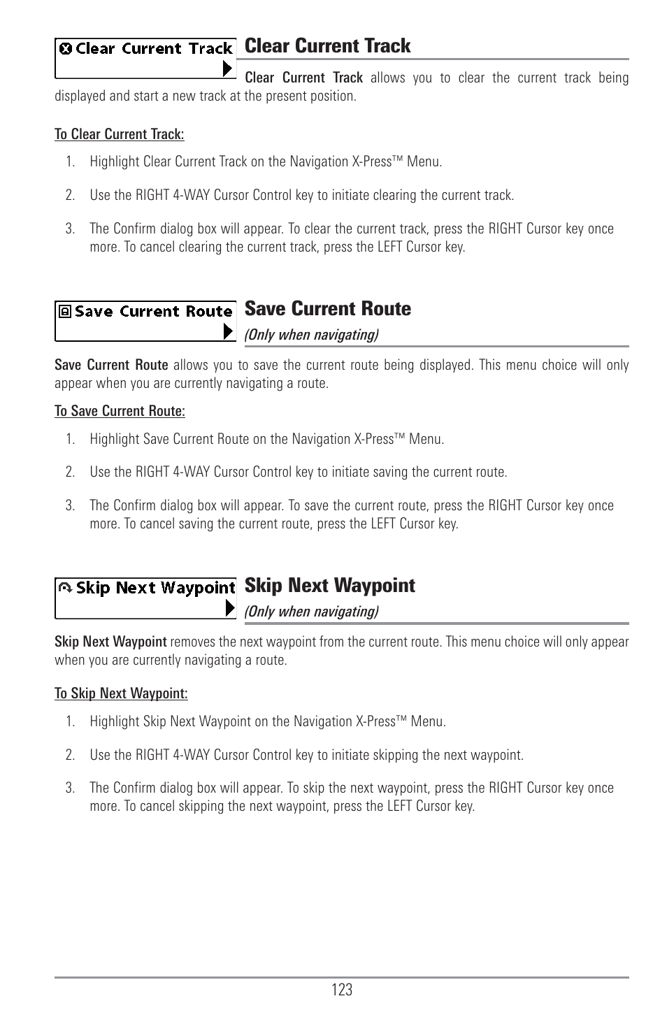 Clear current track, Save current route, Skip next waypoint | Humminbird 1157C User Manual | Page 133 / 200