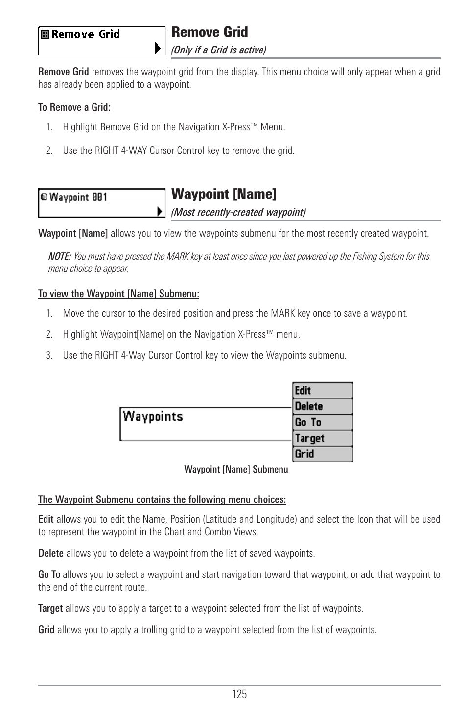 Remove grid, Waypoint [name | Humminbird 1157C User Manual | Page 135 / 200