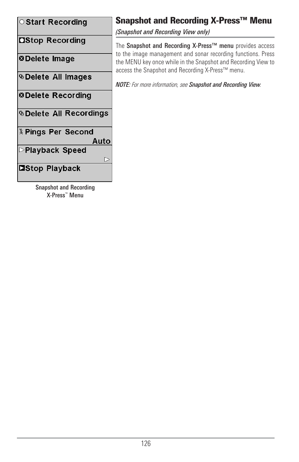 Snapshot and recording x-press™ menu | Humminbird 1157C User Manual | Page 136 / 200