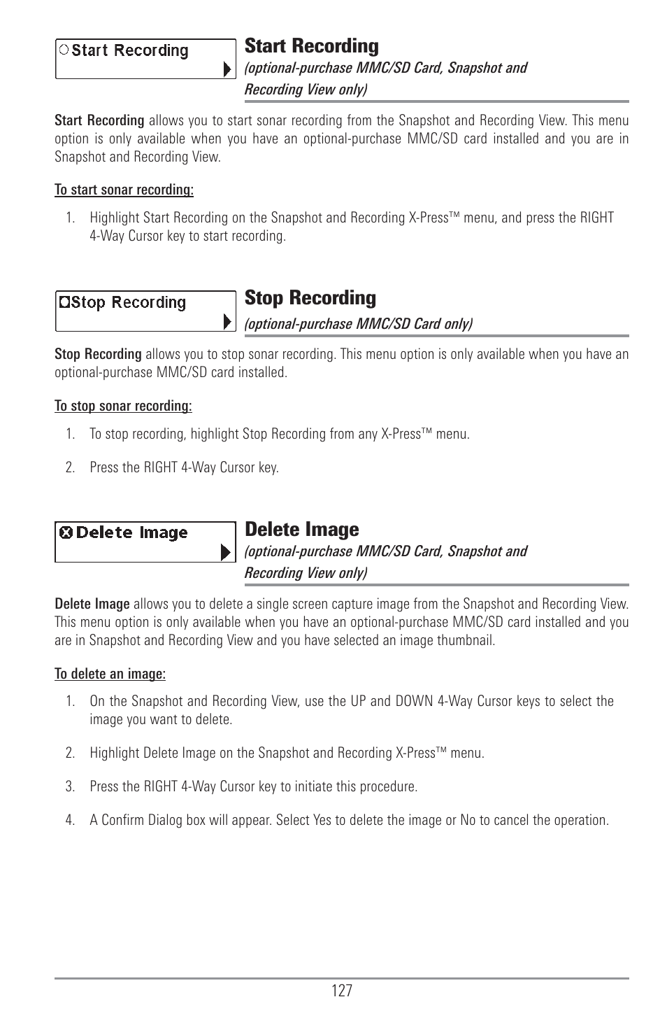 Start recording, Stop recording, Delete image | Humminbird 1157C User Manual | Page 137 / 200