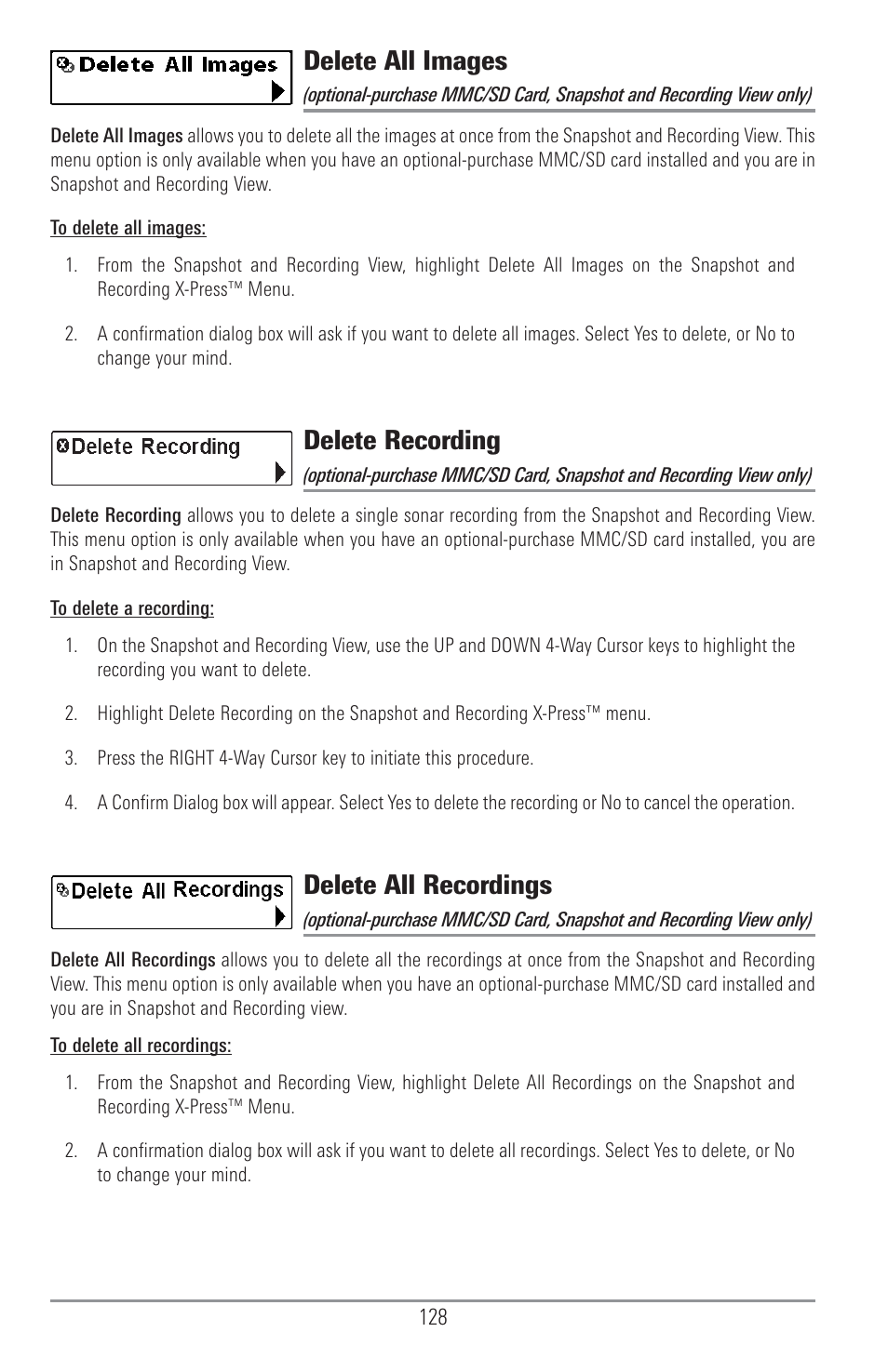 Delete all images, Delete recording, Delete all recordings | Humminbird 1157C User Manual | Page 138 / 200