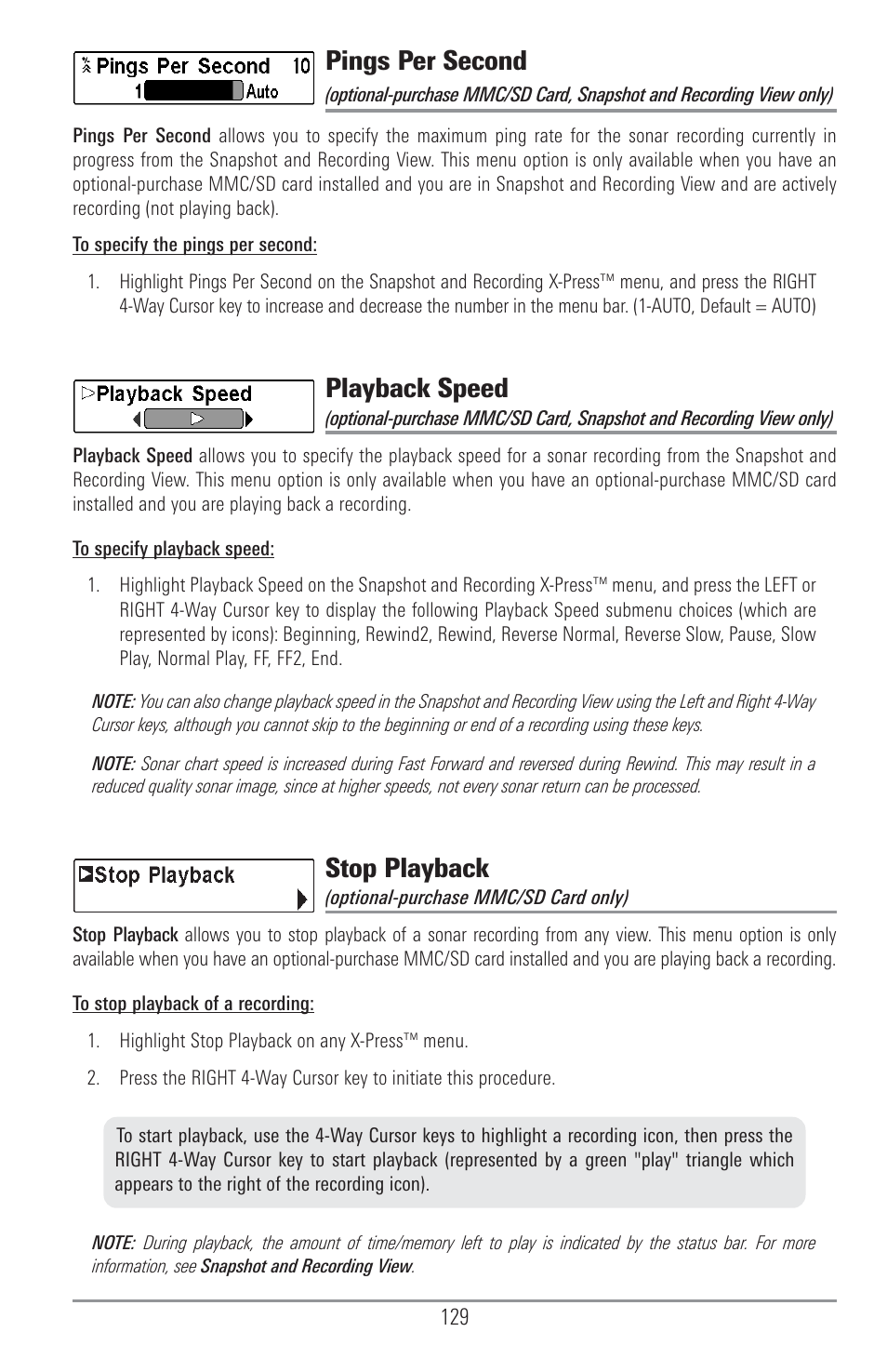 Pings per second, Playback speed, Stop playback | Humminbird 1157C User Manual | Page 139 / 200