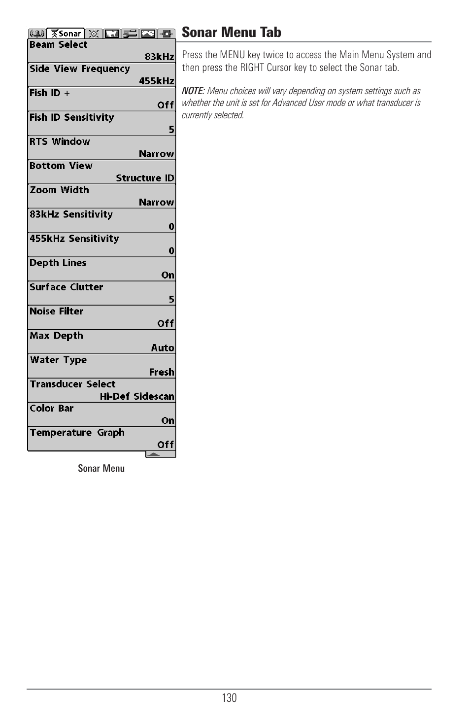 Sonar menu tab | Humminbird 1157C User Manual | Page 140 / 200