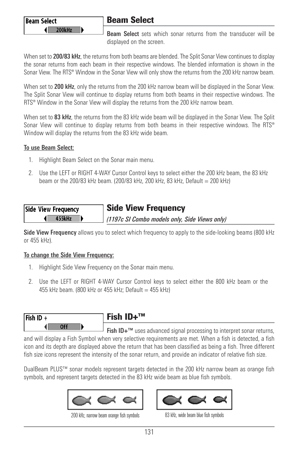 Beam select, Side view frequency, Fish id | Humminbird 1157C User Manual | Page 141 / 200