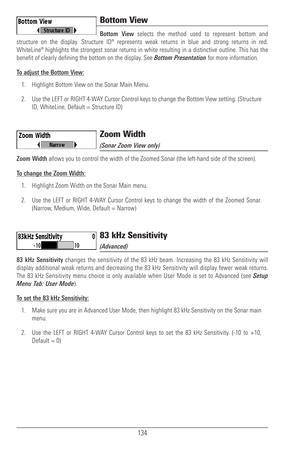 Bottom view, Zoom width, 83 khz sensitivity | Humminbird 1157C User Manual | Page 144 / 200