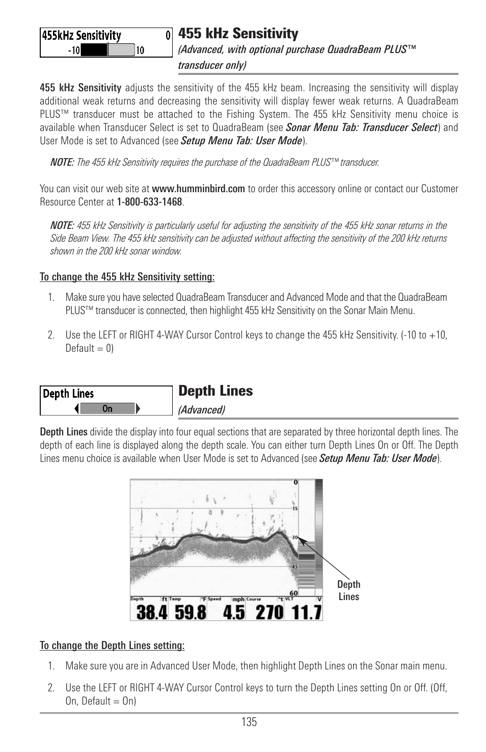 455 khz sensitivity, Depth lines | Humminbird 1157C User Manual | Page 145 / 200