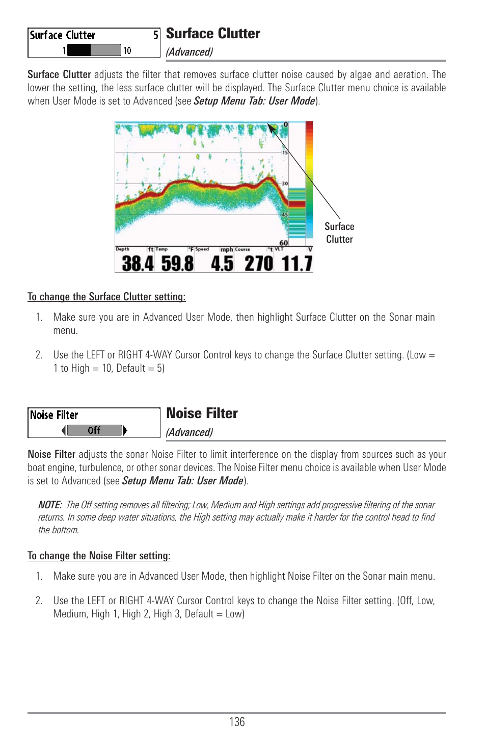 Surface clutter, Noise filter | Humminbird 1157C User Manual | Page 146 / 200