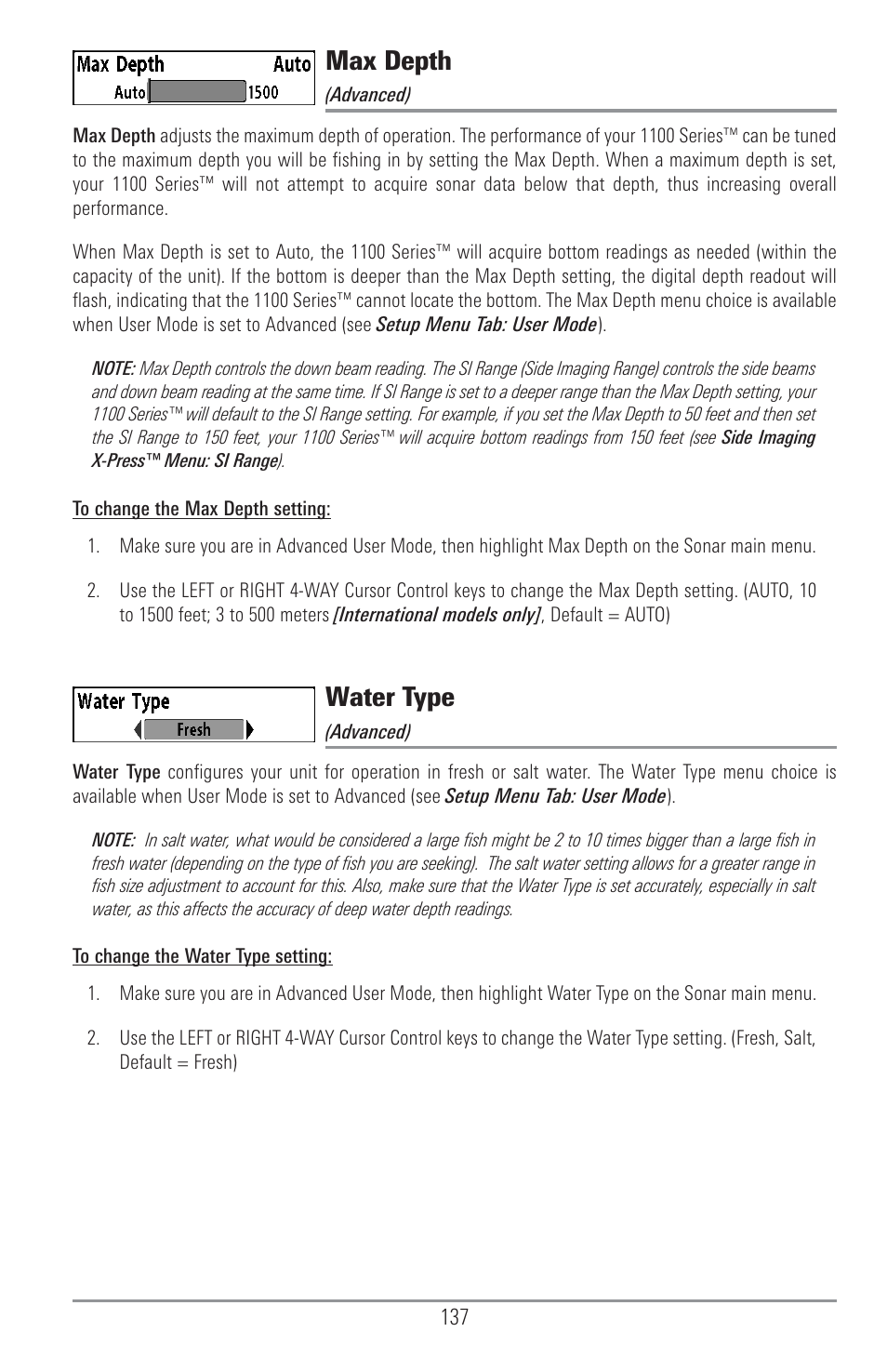 Max depth, Water type | Humminbird 1157C User Manual | Page 147 / 200