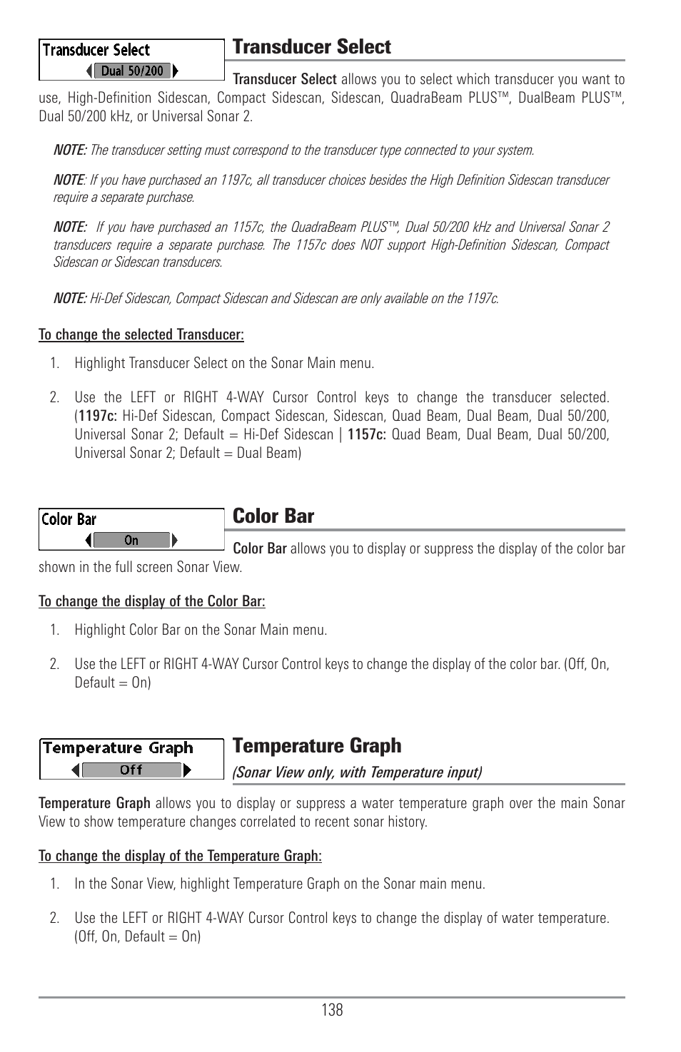 Transducer select, Color bar, Temperature graph | Humminbird 1157C User Manual | Page 148 / 200