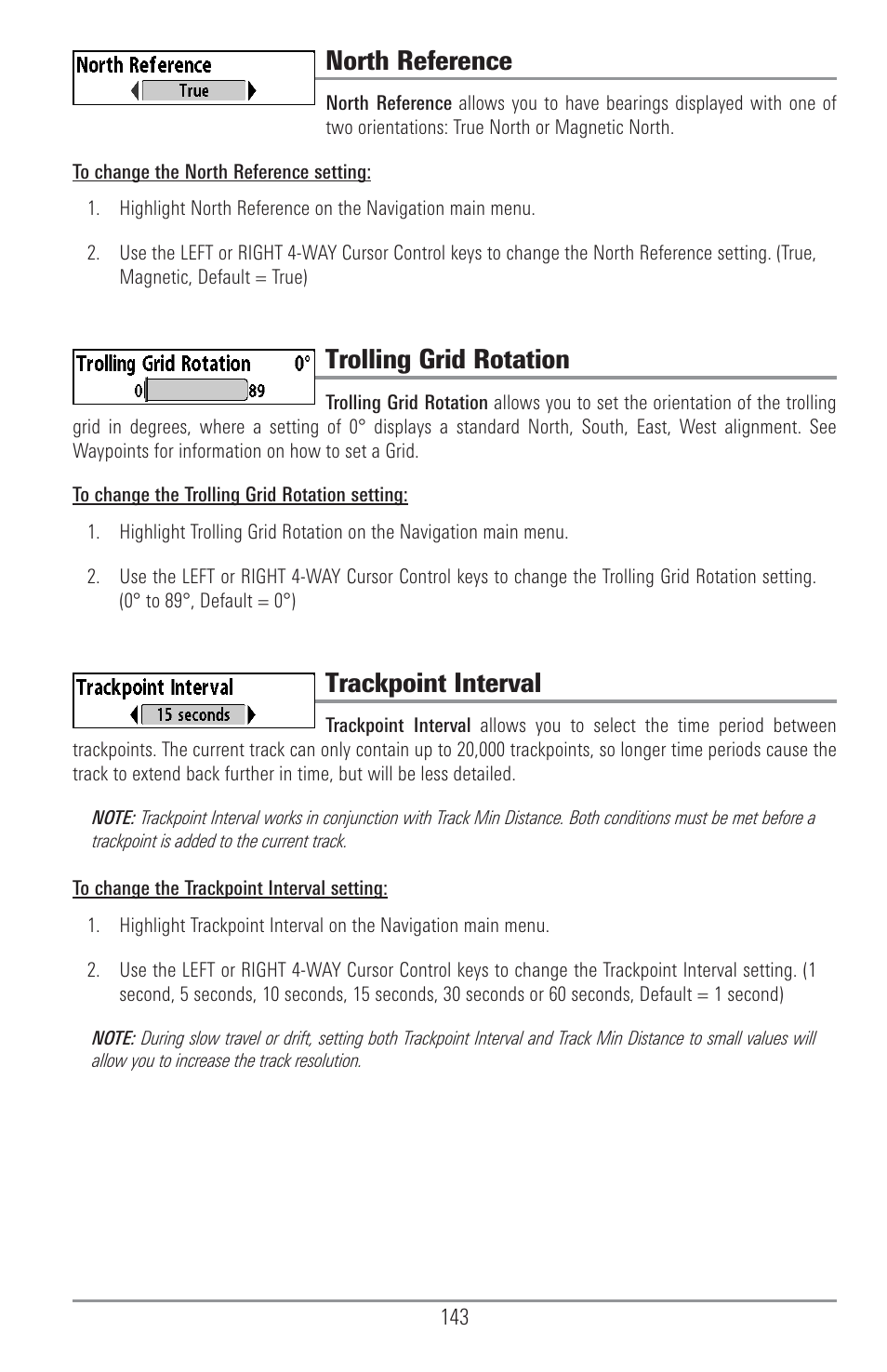 North reference, Trolling grid rotation, Trackpoint interval | Humminbird 1157C User Manual | Page 153 / 200