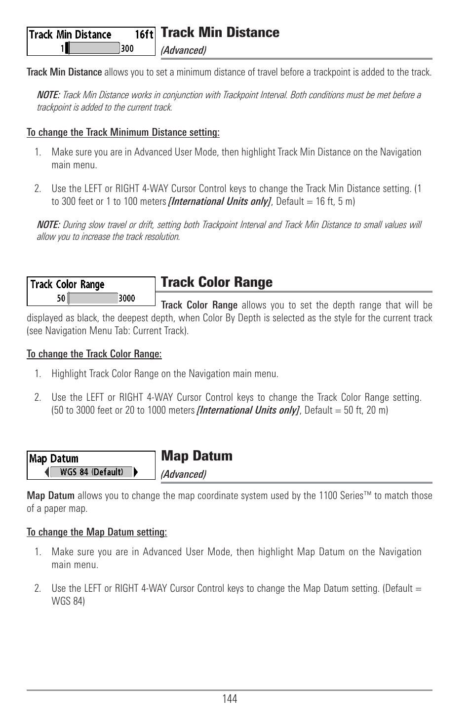 Track min distance, Track color range, Map datum | Humminbird 1157C User Manual | Page 154 / 200