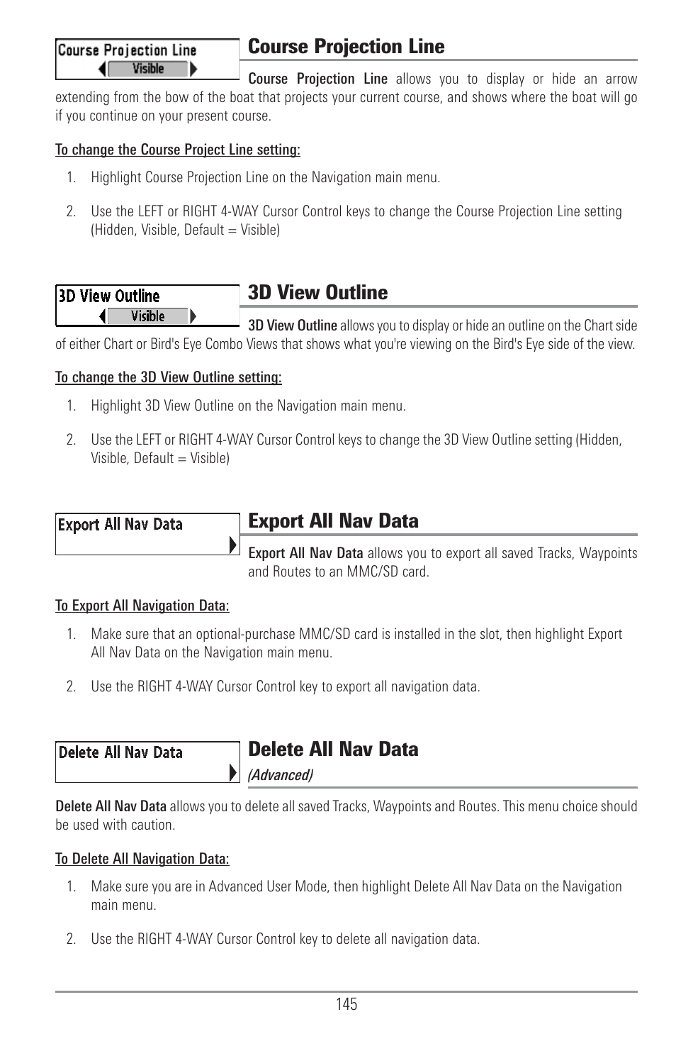 Course projection line, 3d view outline, Export all nav data | Delete all nav data | Humminbird 1157C User Manual | Page 155 / 200