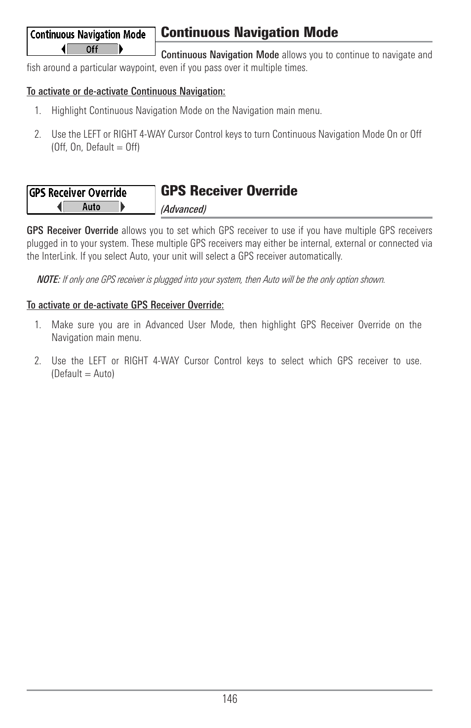 Continuous navigation mode, Gps receiver override | Humminbird 1157C User Manual | Page 156 / 200