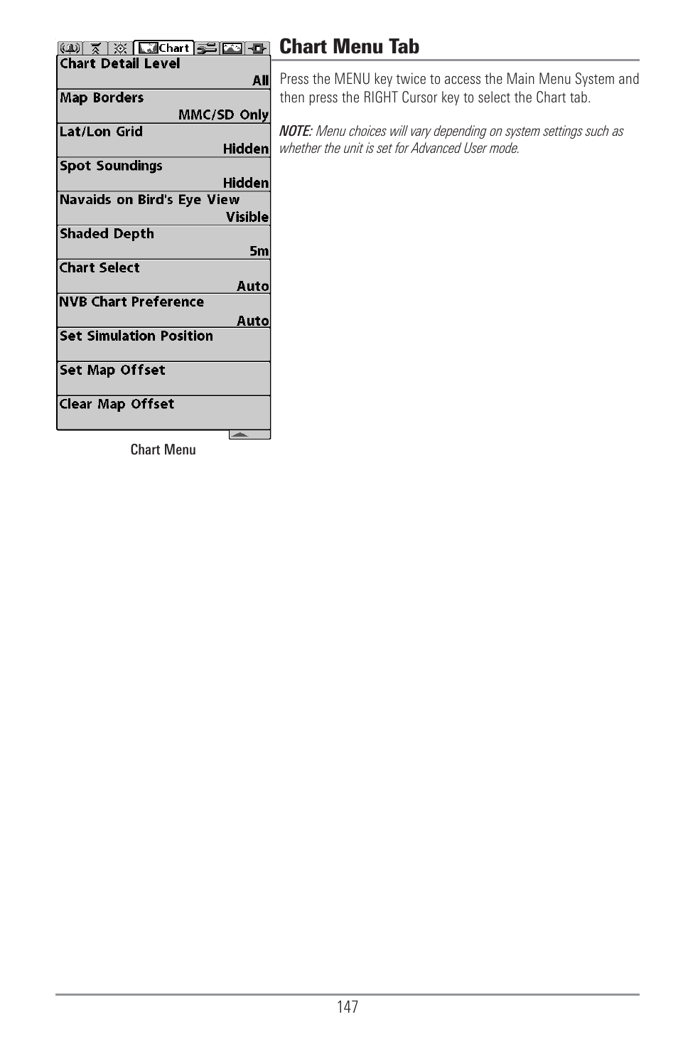 Chart menu tab | Humminbird 1157C User Manual | Page 157 / 200