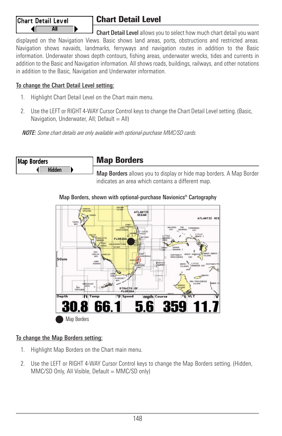 Chart detail level, Map borders | Humminbird 1157C User Manual | Page 158 / 200