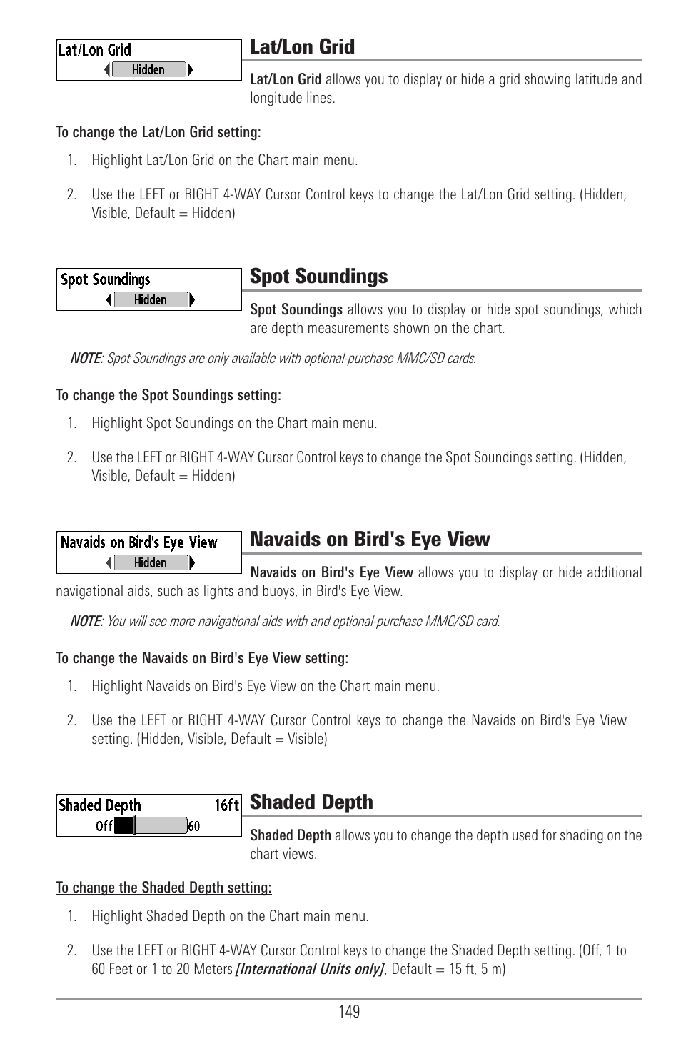 Lat/lon grid, Spot soundings, Navaids on bird's eye view | Shaded depth | Humminbird 1157C User Manual | Page 159 / 200